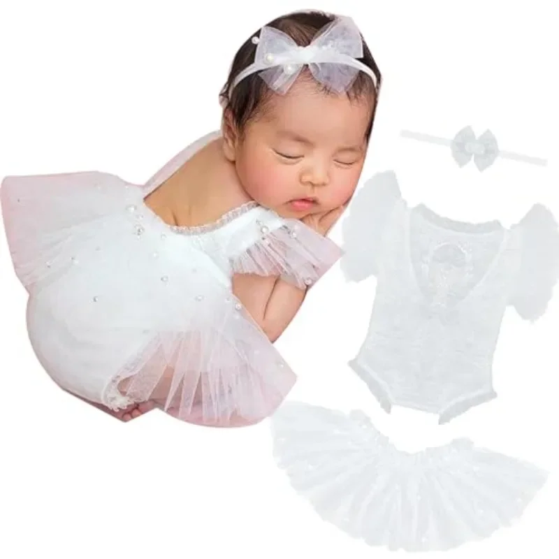 Baby Girl Princess Costumes Newborn Photography Clothing Cute Lace Patchwork Poncho Skirt + Pearl Hairband Infant Photo Outfits