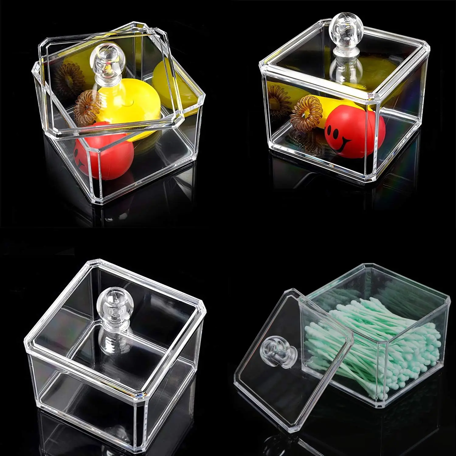 Square Qtip Holder Acrylic Bathroom Vanity Countertop Storage Box Organizer Canister Jar for Cotton Swabs, Rounds Balls, Makeup