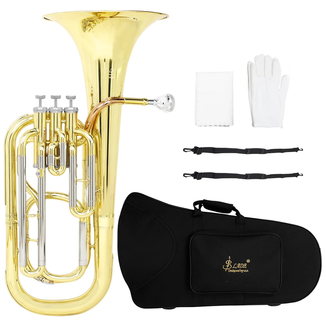 SLADE Tenor Horn Bb Flat 3-key Vertical Key Brass Body Tenor Horn Instrument Parts Accessories with Case Gloves Back Straps