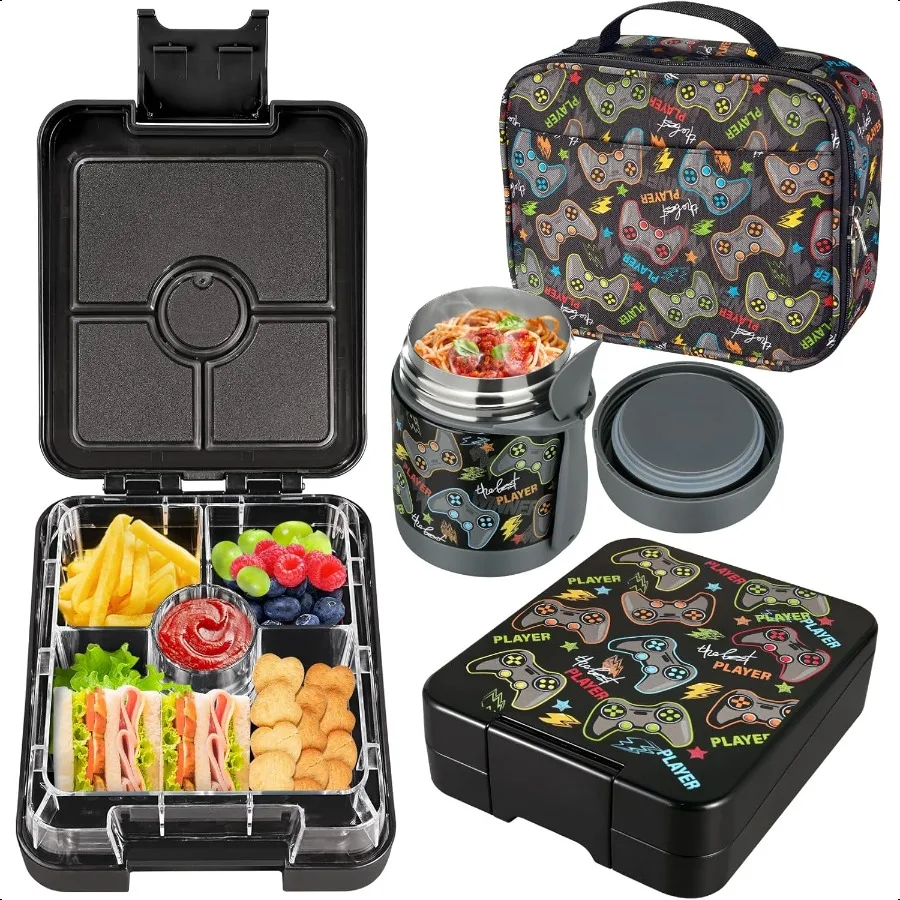 

Bento Lunch Box Set for with 10oz Soup Thermo LeakProof Lunch Containers with 4 Compartment Thermo Hot Food Jar and Insulated L