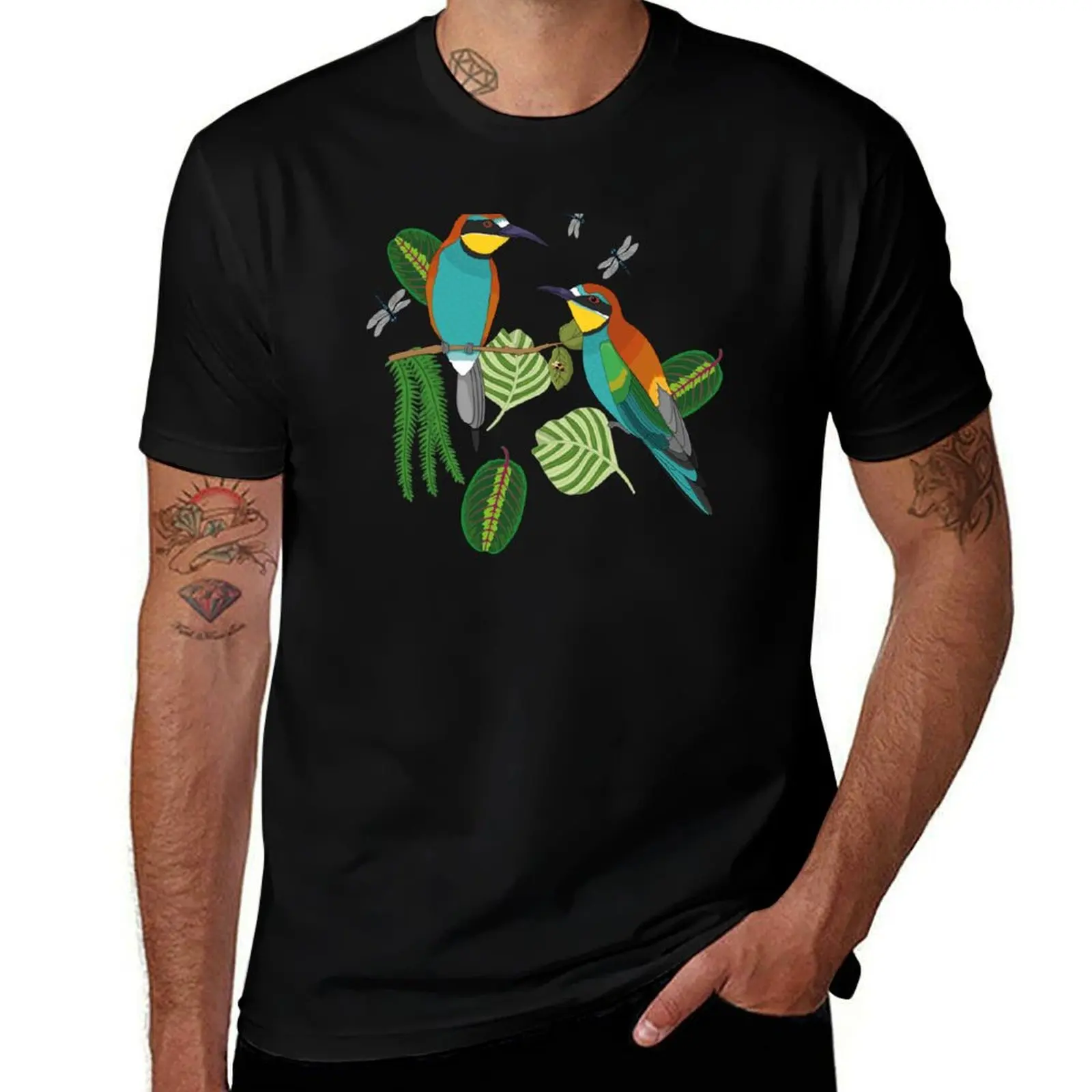 European bee-eater pattern with bees, dragon fly and foliage (blue) T-Shirt Big Size Loose Fit Tee Shirt