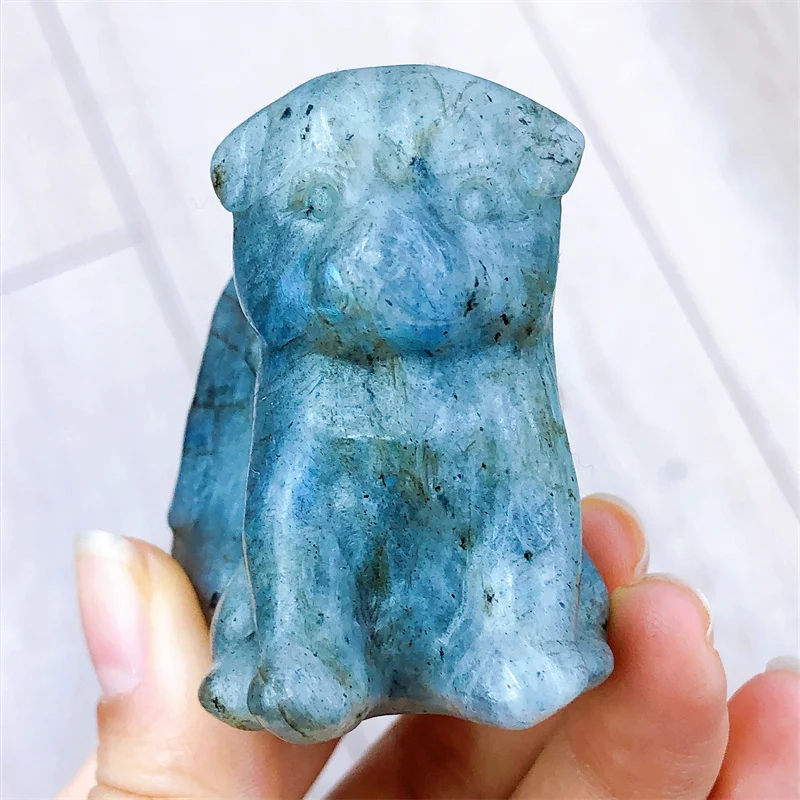 Natural Labradorite Angel Wings Dog Carving Animal Healing Fengshui For Room Office Decoration 1pcs