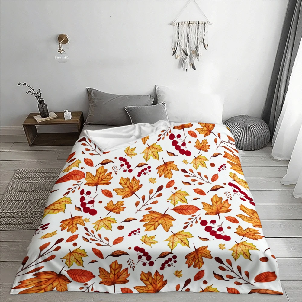 Autumn Leaves Pattern, for Home Or Gift, Blanket, Vibrant Orange And Red Maple Leaves with Berries on White Background, Living R
