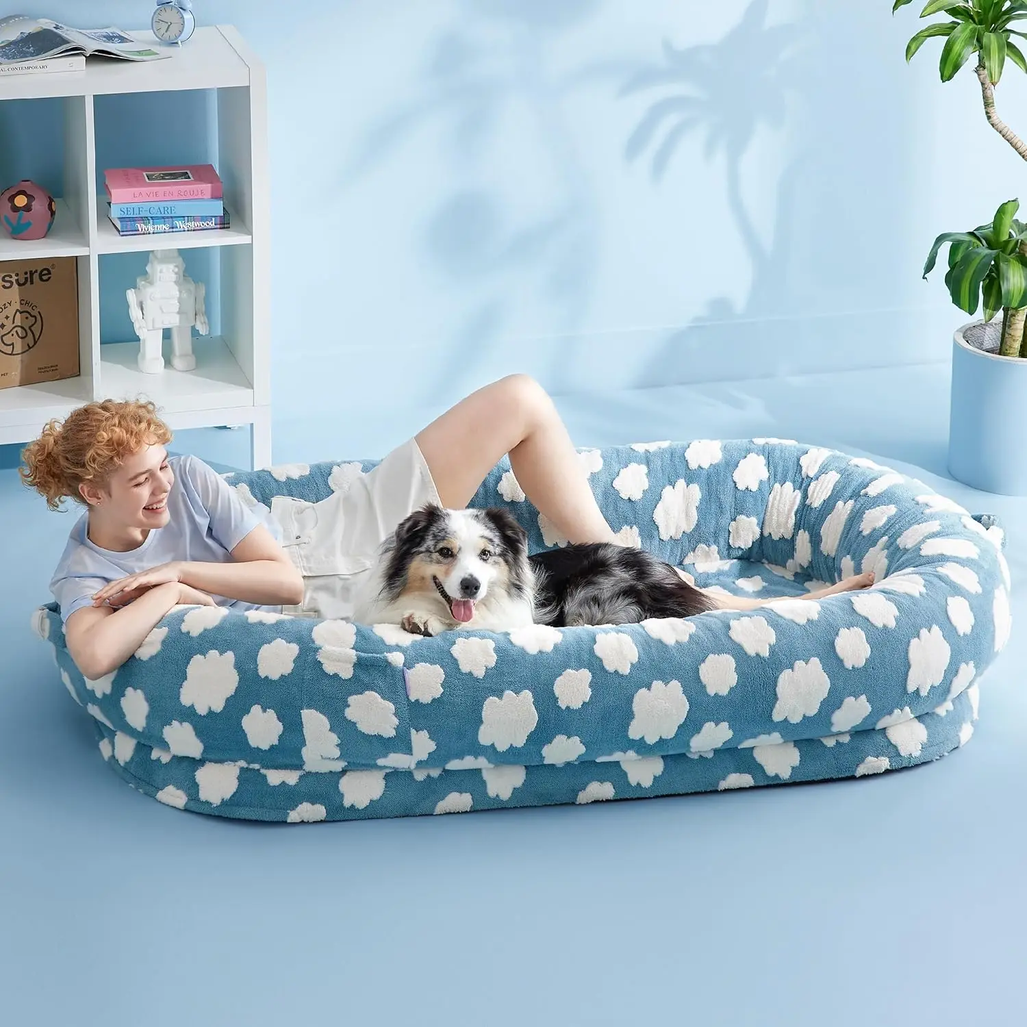 

Human Dog Bed for Adult - Calming Human Size Dog Bed with Egg Foam Supportive Mat and Storage Pocket