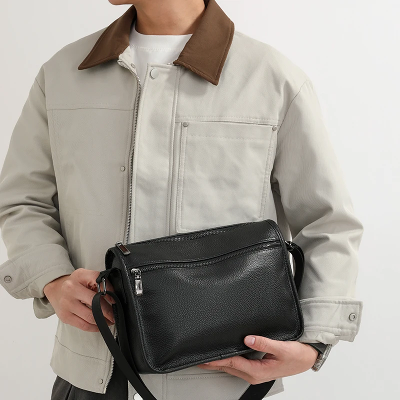 Kulit Asli untuk Pria, Tas Ponsel Selempang Minimalis, Tas Bahu Kasual Merek Mewah, Tas Harian untuk Perlengkapan Perjalanan Sehari-hari