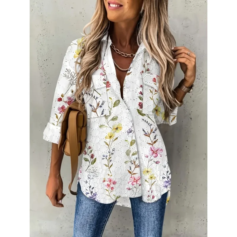 Plus Size 1XL-5XL New Women Spring Summer Floral Pattern Long Sleeve Shirt Eyelet Embroidery Pocket Design Blouse Top
