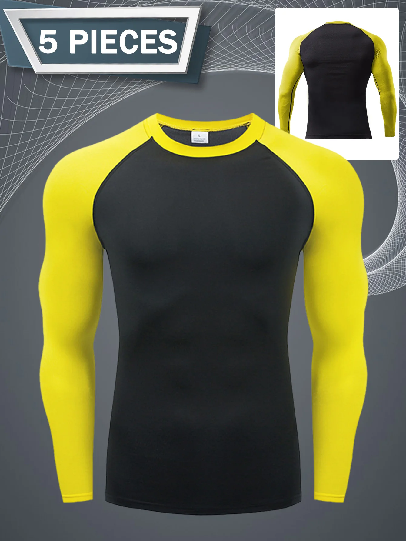 5 قطع من القمصان الرياضية للرجال، قميص مضغوط للتدريب على الجري، قميص لياقة بدنية وأكمام طويلة، سريع الجفاف وجيد التهوية #3