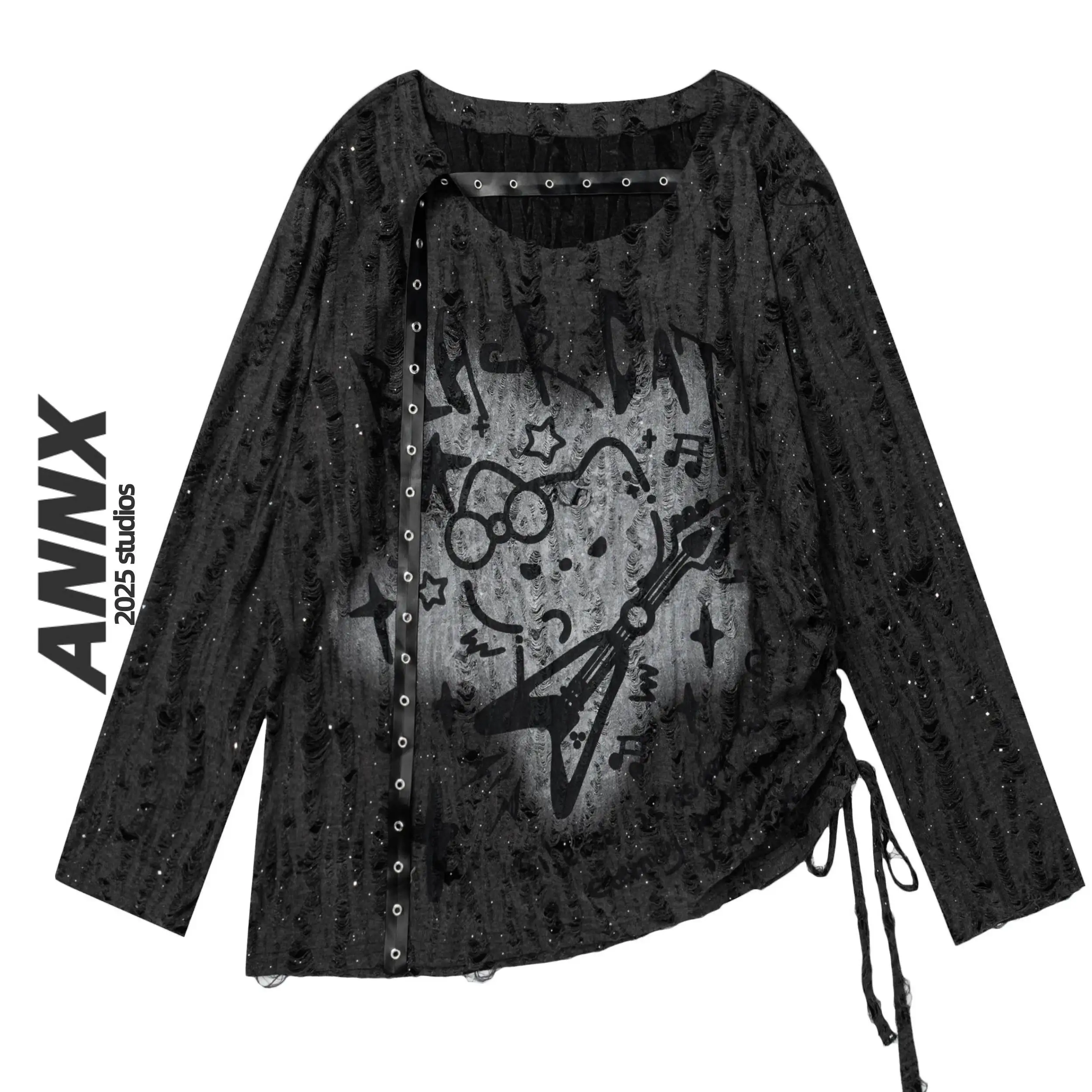 2026 Summer Women Vintage American Cat Print Long Sleeve T Shirt Drawstring Tie Decor Versatile Cover Up Top Loose Lightweight
