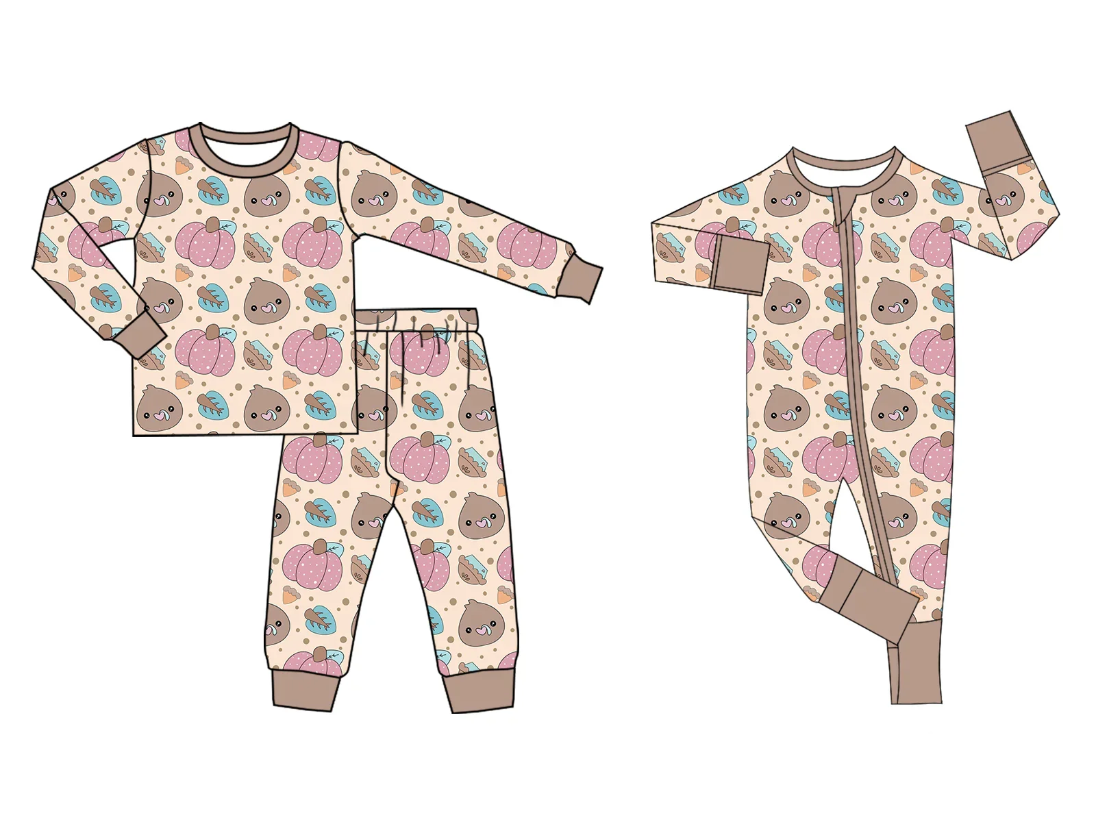 Thanksgiving boutique children's suit long-sleeved nut maple leaf chicken print trousers girls pajamas set baby zipper jumpsuit