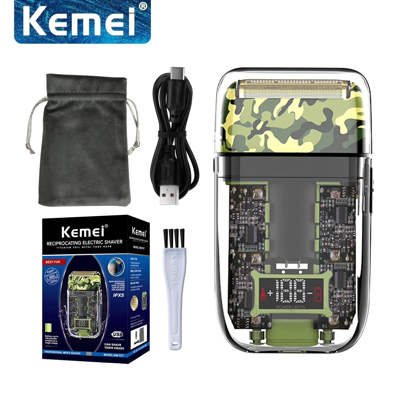 

kemei Waterproof LCD Digital Display Razor USB Charging Camouflage Transparent Body Electric Shaver For Man KM-TX7