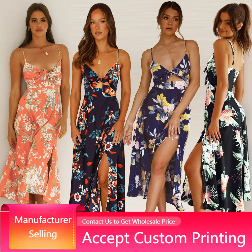 Women's Dress Sexy Floral Suspender Side Slit Dress 2022 Summer New Slim Printed Long Skirt Elegant Beach Deep V Neck Dress