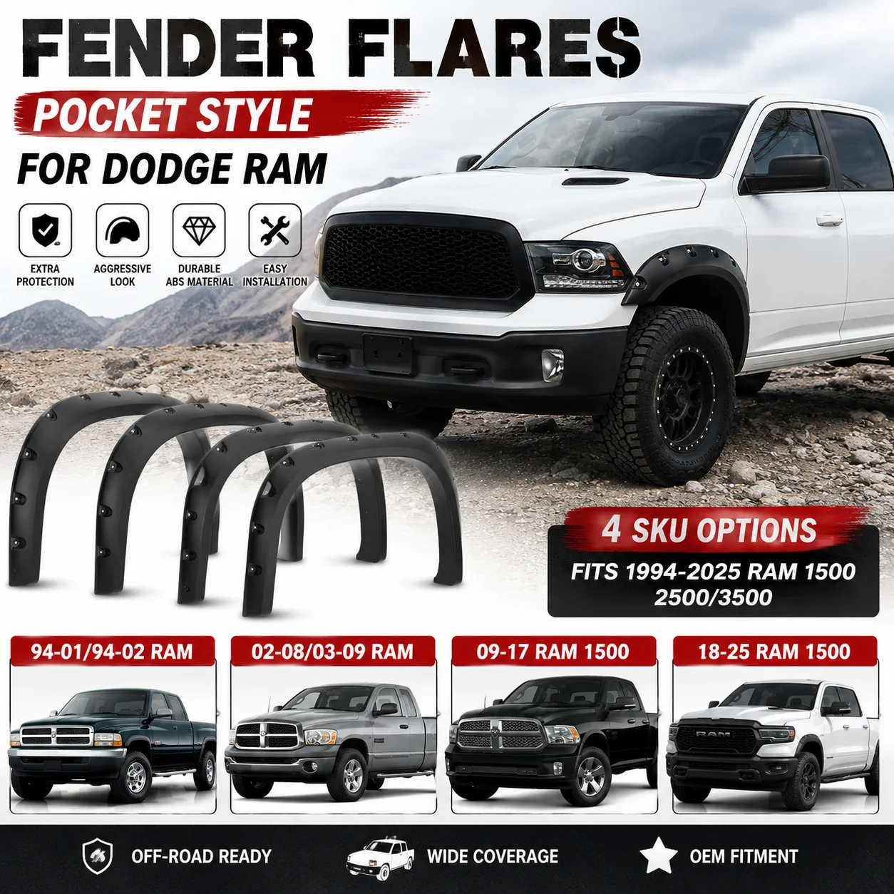 Pocket Style Fender Flares for Dodge Ram 1500 1994-2025 Wheel Arch Flares for Ram 2500 3500 Off Road Pickup Truck Accessories
