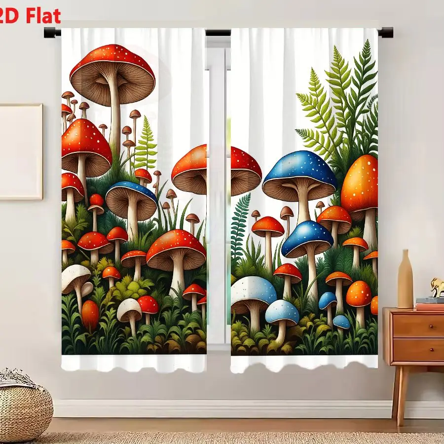 2Pcs Curtains 2D Flat Vibrant Fantastical Forest Floor With Colorful Mushrooms And Ferns Window Drapes for Bedroom Room Decor De