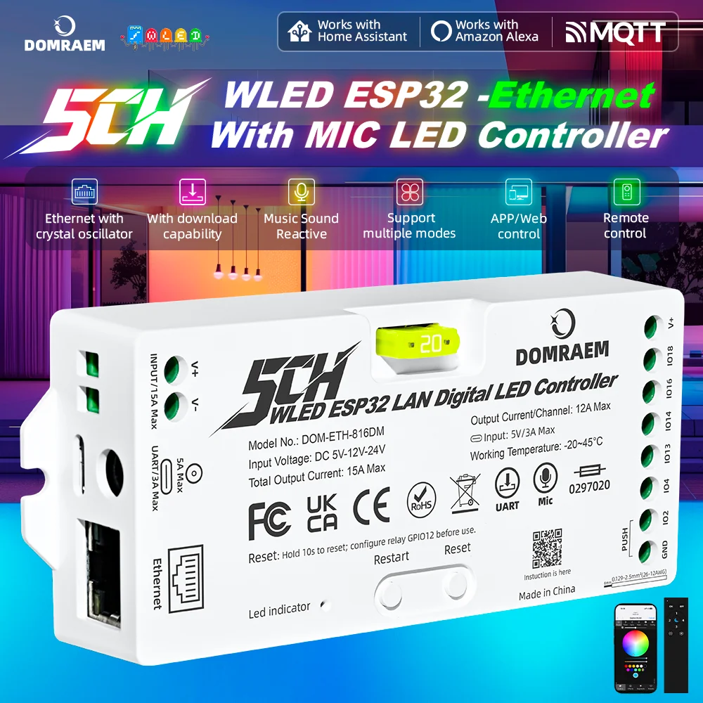 DOMRAEM Elite 5CH ESP32 WLED LED Strip Controller Plug&Play Ethernet WiFi 20A Fuse PDM Mic Energy Saving Relay for WS281X SK6812