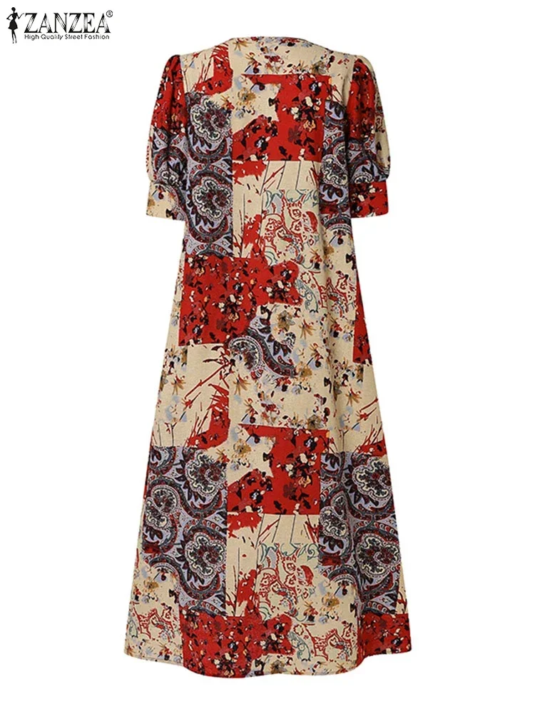 2025 ZANZEA Women Summer Printed Dress Fashion V-neck Midi Sundress Vintage Puff Short Sleeve Robe Holiday Bohemian Dresses