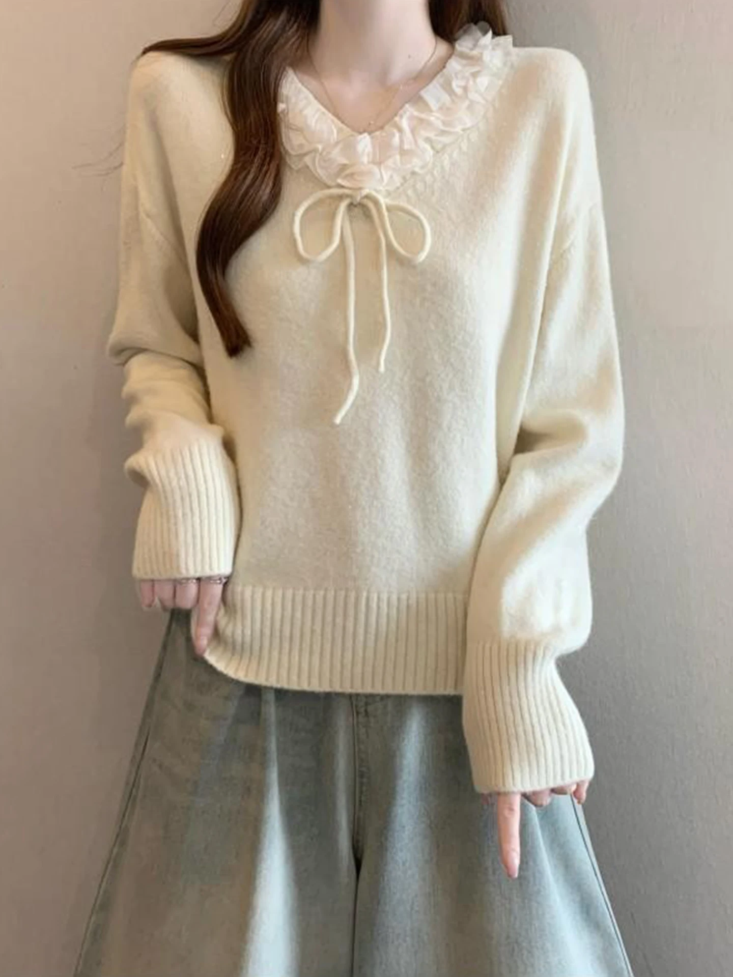 

Модный вязаный свитер с V-образным вырезом и бантом, большие размеры, женский, весна-осень-зима, теплый, удобный, дышащий топ