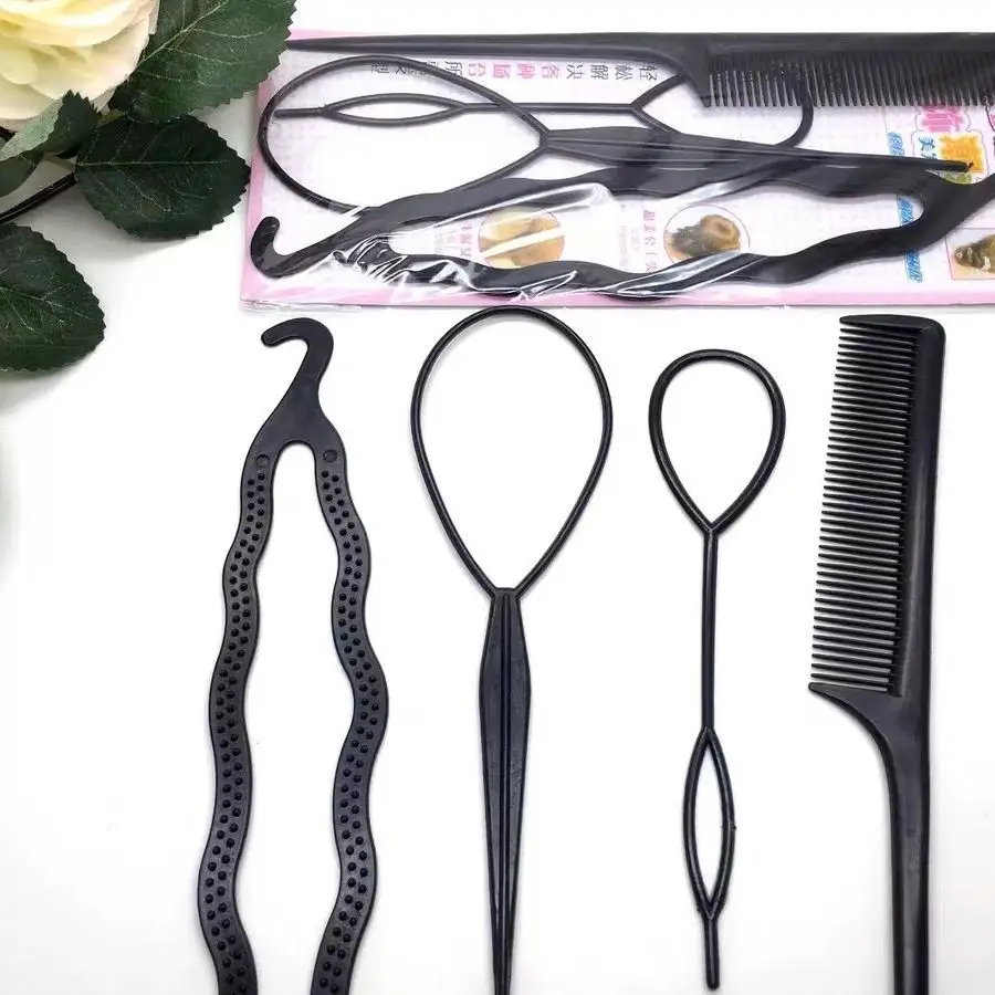 4pcs Black Hair Puller Topsy Braid Hair Styling Tools Kid Girl Ponytail Creator Bridal Curly Hair Maker Plastic Loop Accessories