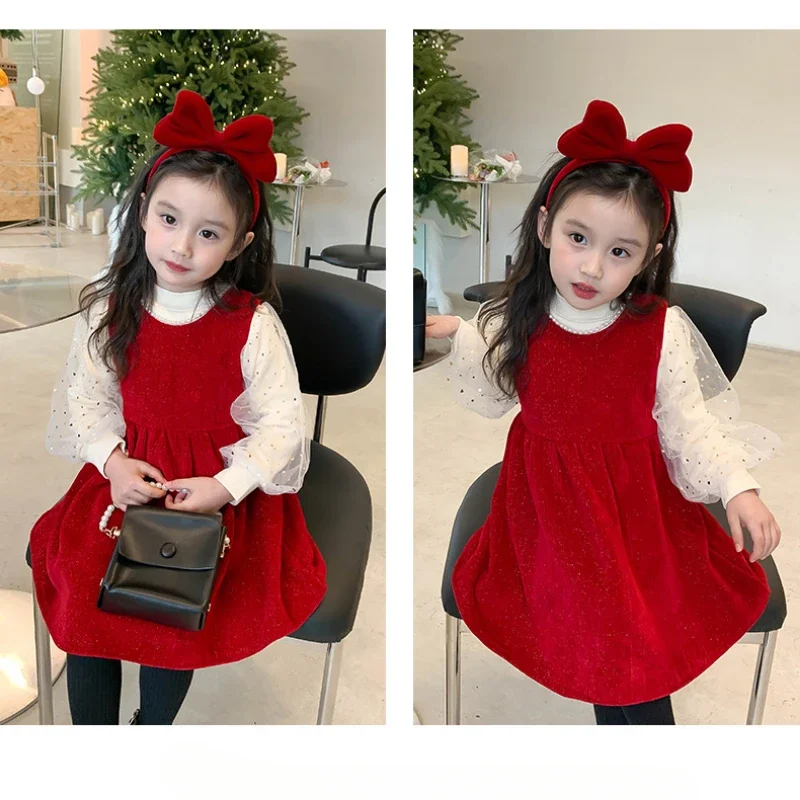 Girls Winter Warm Dress 2024 New Thickened Bow T-shirt Undershirt Dress Little Girl Set Children\'s Sets Baby Girl Clothes