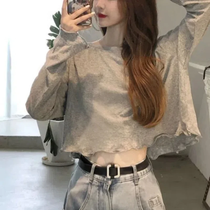 Korean Women\'s 2024 Spring New Spliced Pullover Round Neck Fashion Solid Color Loose Minimalist Casual Long Sleeved T-shirt Top