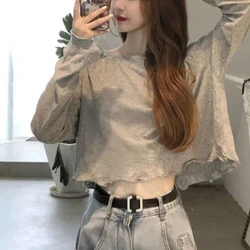 Korean Women's 2024 Spring New Spliced Pullover Round Neck Fashion Solid Color Loose Minimalist Casual Long Sleeved T-shirt Top