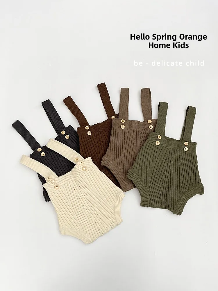 Knitted Baby Bib Overalls Spring Autumn Pure Color Children's Clothing High Waist Short Pants Soft Korean Style Boys Girls