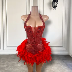 New Sparkly Rhinestone Luxury Red Diamond Women Birthday Gowns Halter Style Red Feather Black Girls Short Prom Dresses 2026