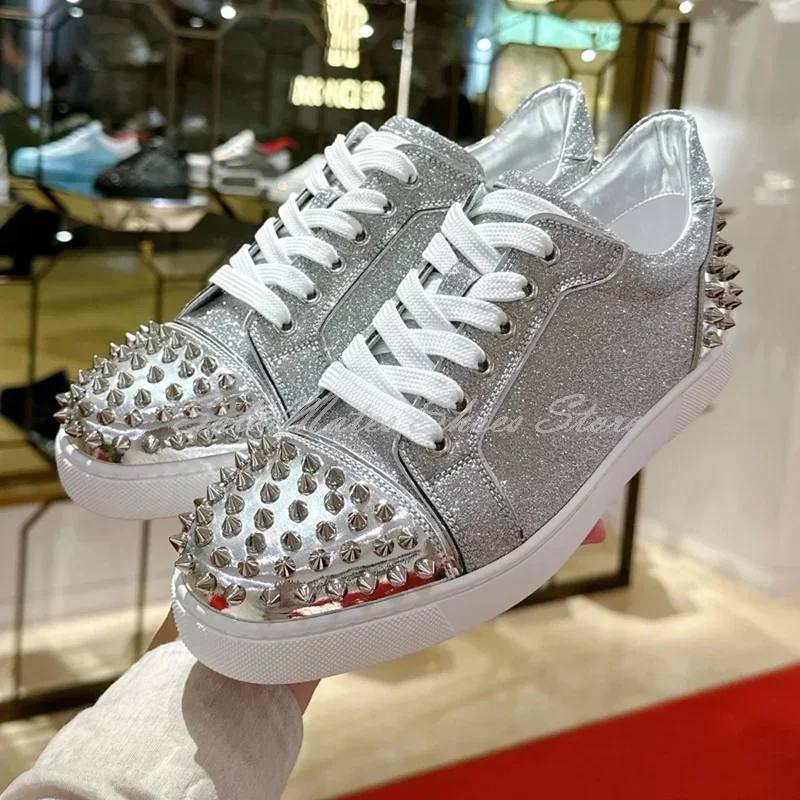 

Women's Trendy Silver Round Toe Rivet Sneakers Shiny Lace Up Casual Training Shoes Versatile Shallow Bling Running Couple Shoes