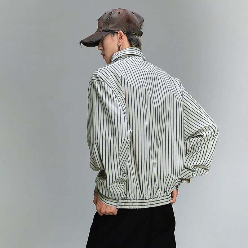 PFNW American Stripe Lapel Zipper Design Shirt Men\'s Vintage New Long Sleeve Clothing Trendy 2024 Autumn Loose Male Tops 28W4718