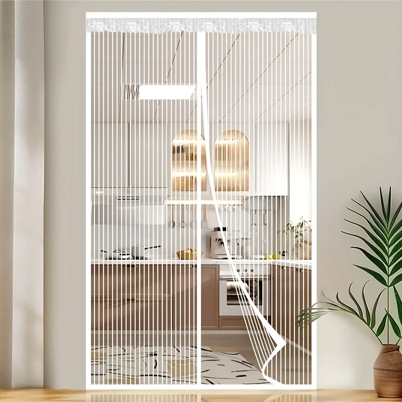 Magnetic Door Curtain with Mesh - No-Drill Installation Suitable for Indoor/Outdoor Use, White Stripe Mosquito Proof Screen