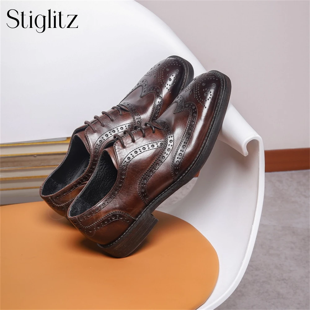 

Vintage Carved Brogue Shoes for Men Genuine Calfskin Lace-Up Formal Shoes Breathable Genuine Leather Handmade Shoes for Wedding