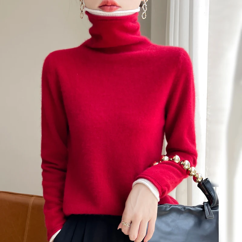 24 Autumn and winter new 100% Merino wool pile collar knitted bottom female white edge false two turtleneck loose pullover sweat