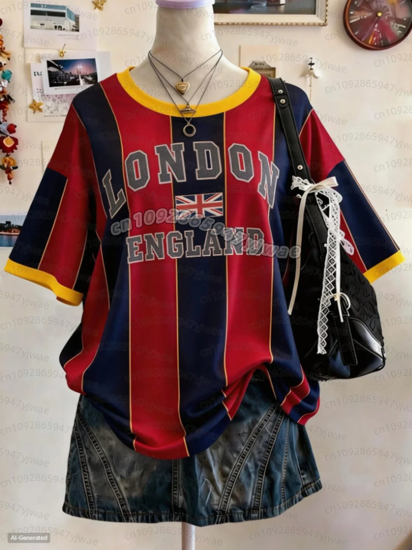 WOMEN Striped ENGLAND Print Casual PLUS SIZE Mid-Length Round Neck Drop Shoulder Women Tshirt Street Fashion MEN WOMEN T-SHIRT