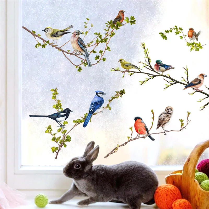 Birds Stickers Window Decor Vinyl Art Spring Flowers Glass Wall Decal for Home Bathroom Kids Room Decoration One Pieces Posters