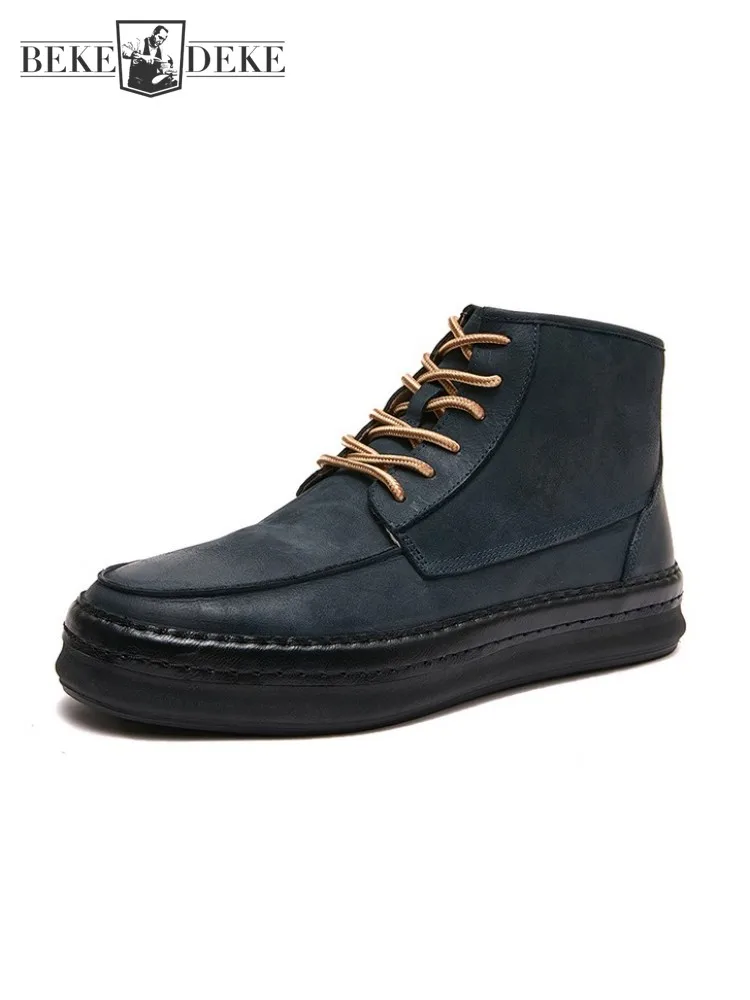 Winter Thicken Warm Wool Liner Mens Genuine Leather Snow Boots Lace Up Fashion Platform High Top Shoes Street Casual Short Boots