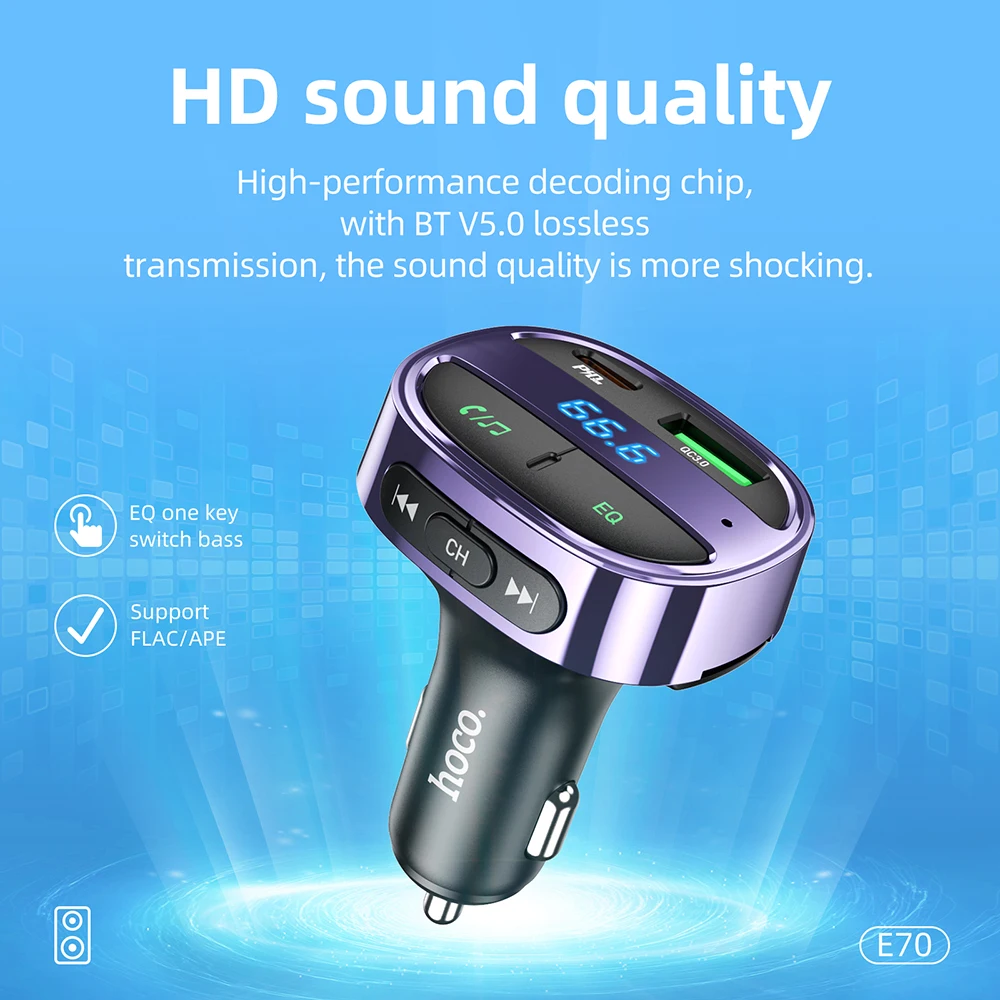 HOCO 30Ｗ PD USB Car Charger QC4.0 QC3.0 fast Charge LED Display FM Transmitter Modulator Bluetooth Handsfree Car Kit Audio MP3