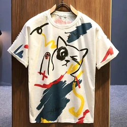 Summer New Fashion Printing T-Shirts Man Round Neck Casual Short Sleeve Pullovers Pure Cotton Loose Y2K All-match Vintage Tops