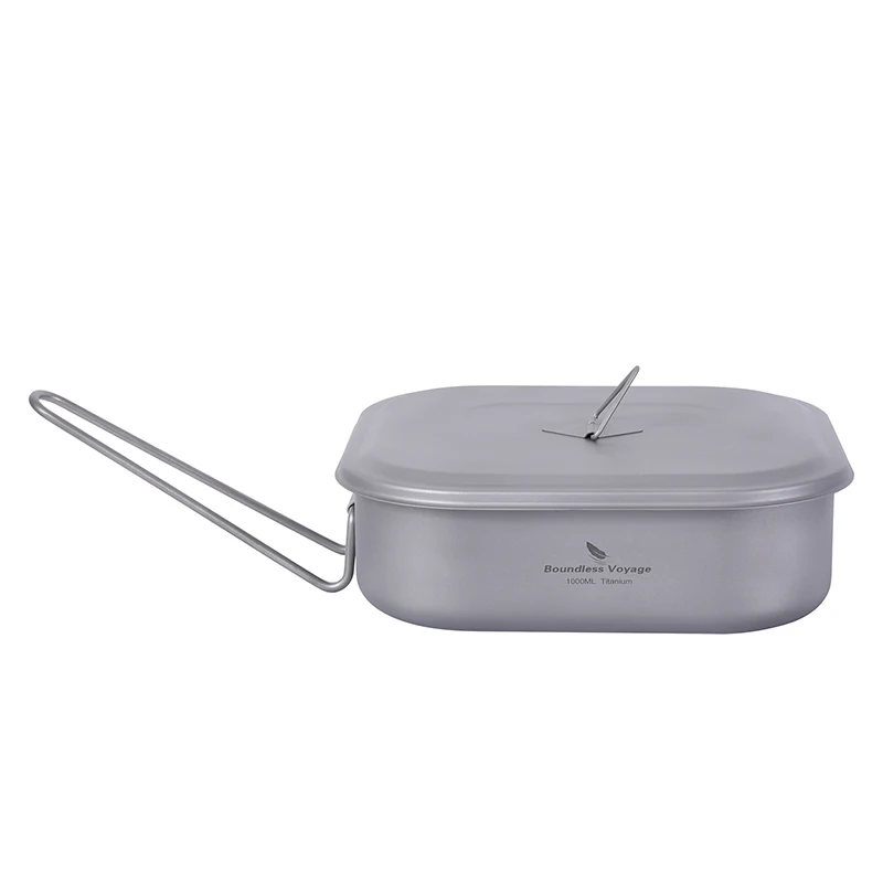 Boundless Voyage 1000ml Titanium Military Mess Tin with Folding Handle Outdoor Camping Bushcraft Cookware Lunch Box Bowl Pan