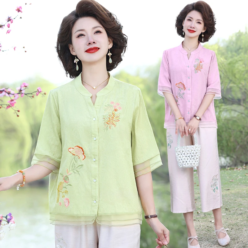

Faionable Cotton Linen Embroidered Top Bot Set for Middle-Aged Mothers Summer Thin Polyester Fiber round Ne ort Sve