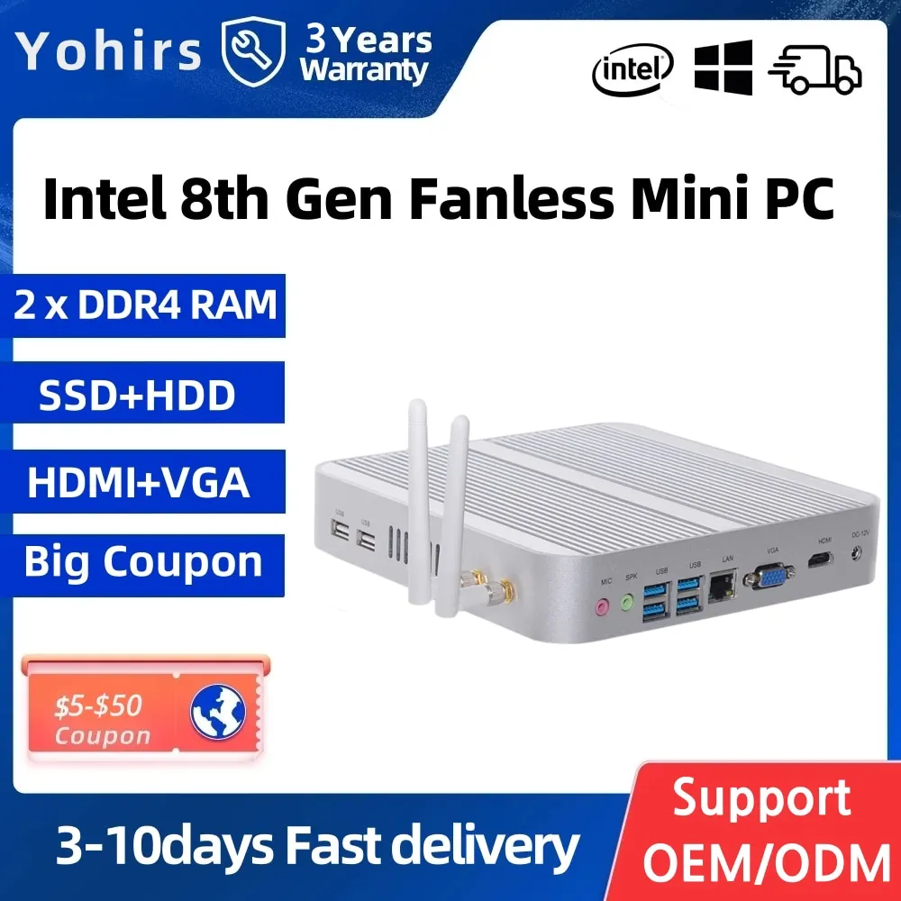 8th Gen Fanless PC Mini Intel Core i3 8145U i5 4200U 2 * DDR4 RAM 2.5 "Sata SSD HDD HDMI VGA Desktop kantor rumah komputer WIFI