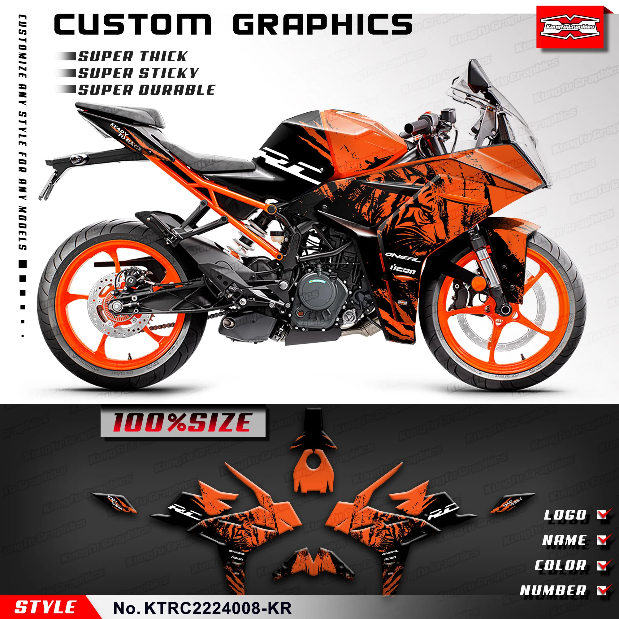 

KUNGFU GRAPHICS Sticker Kit Motorcycle Graphics for KTM RC 125 RC200 RC 390 2022 2023 2024, Orange Black ,KTRC2224008-KR