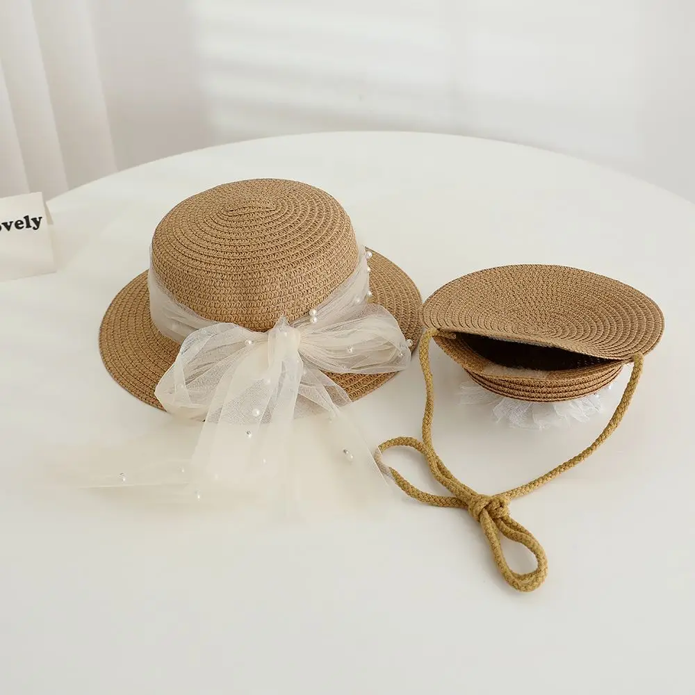 2pcs set Girls Straw Hat Shoulder Bag Kids Summer Holiday Fisherman Hats Baby Princess Lace Pearl Bowknot Beach Straw Sun Cap