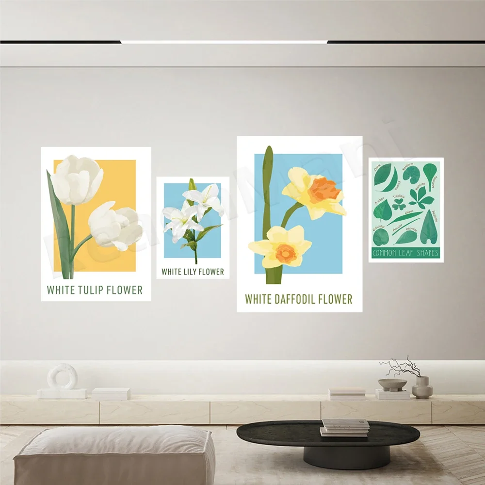 Spring tulips, spring daffodils, spring lilies, white flower print, flower nursery art, leaf print, educational leaf poster