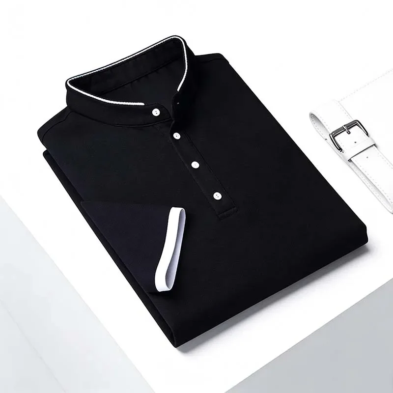 Camisa Polo de Cuello Alto Azul Marino Transpirable para Hombre, Manga Corta, Informal, para Primavera y Verano