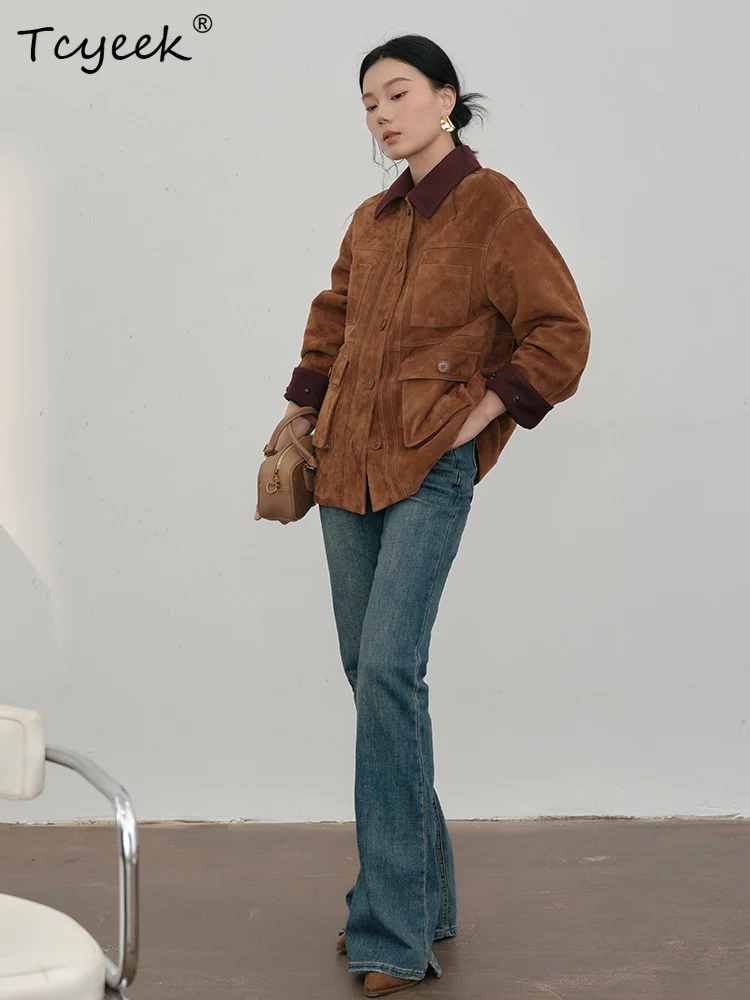 Tcyeek piel De oveja auténtica primavera otoño solapa De moda gamuza marrón chaqueta De cuero genuino para mujer chaqueta De cuero Legítimo femenina