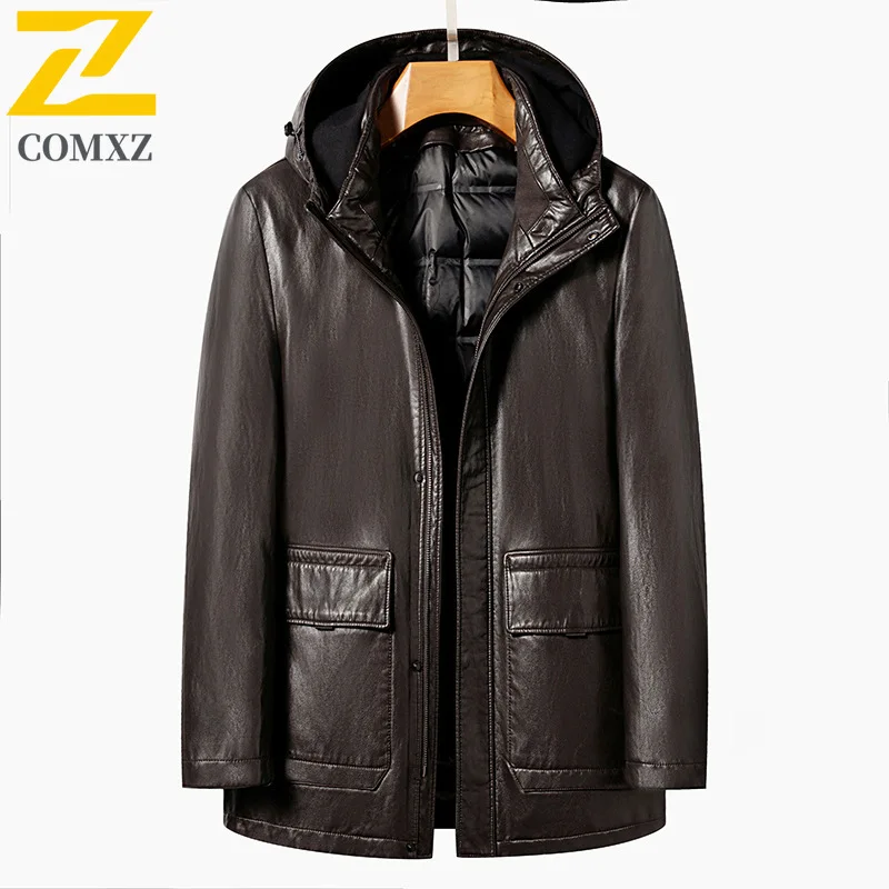COMXZ Men Winter Jacket Leather Mid-Length Business Meeting Luxury Design Travel Padded Jacket Office Commute Warm Padding Coat