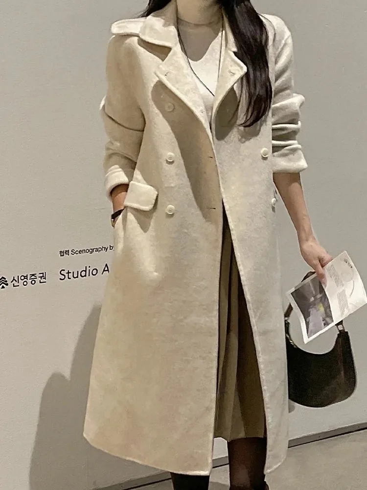 

Женское шерстяное пальто, винтажное пальто с лацканами и двойными пуговицами, повседневная утягивающая модная верхняя одежда средней длины, Long Sve Commute Sle