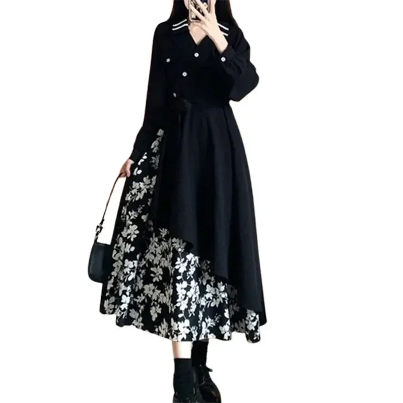 

Pop Button Patchwork V Neck High Waist Long Sleeve A-line Skirt Elegant Fashion Harajuku Female Clothes Casual All Match Dresses