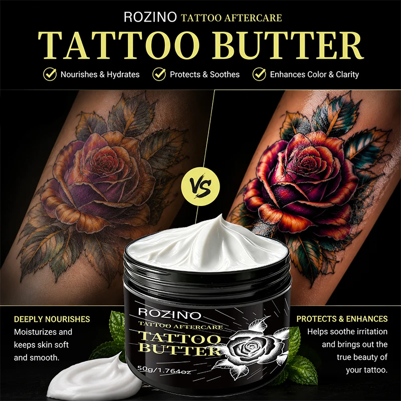 Tattoo aftercare cream, containing natural vitamin E and coconut oil, provides deep moisturization and skin protection while preserving color, suitable for new tattoos and tattoo aftercare, a gentle daily shine formula