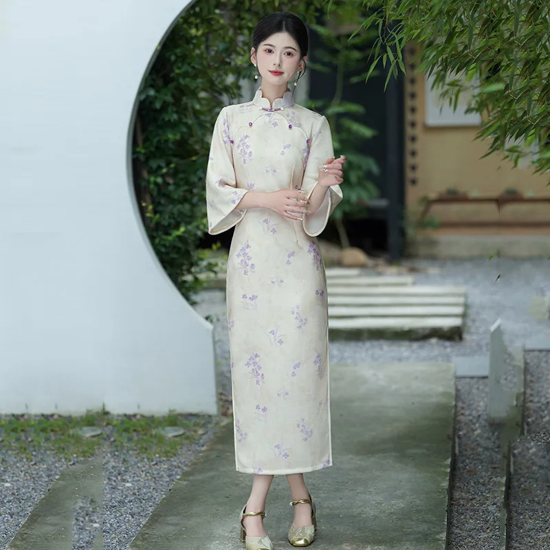 

Sexy Slim Cheongsam Elegant Jacquard Qipao Chinese Style Dress Blue Tradition Mandarin Collar Qipaos Oversize 3XL Long Vestidos