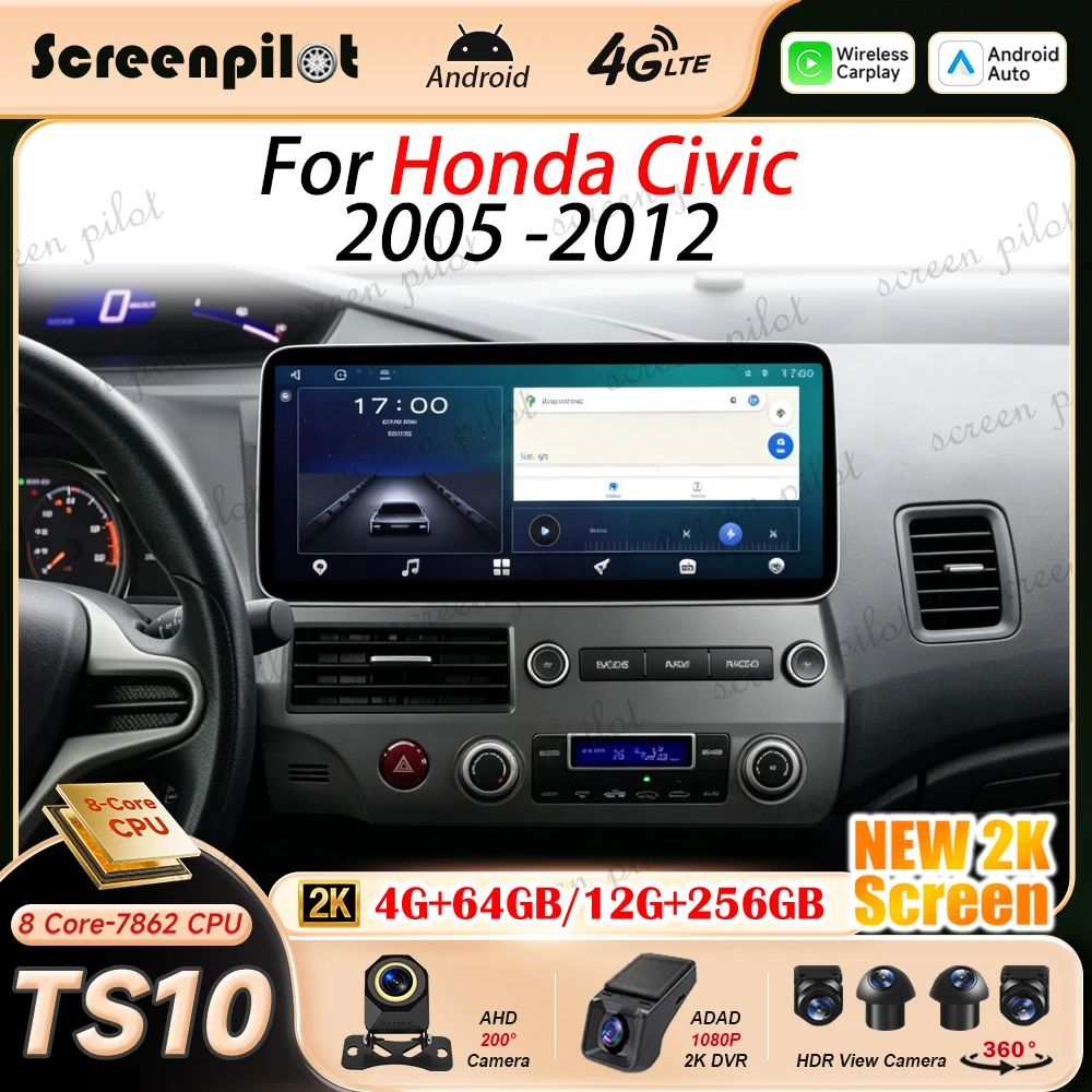 12.3'' Android 16 Car Radio For Honda Civic 2005 2006 2007 2008 2009 2010 2011 2012 2K QLED Multimedia Video Player GPS NO 2DIN